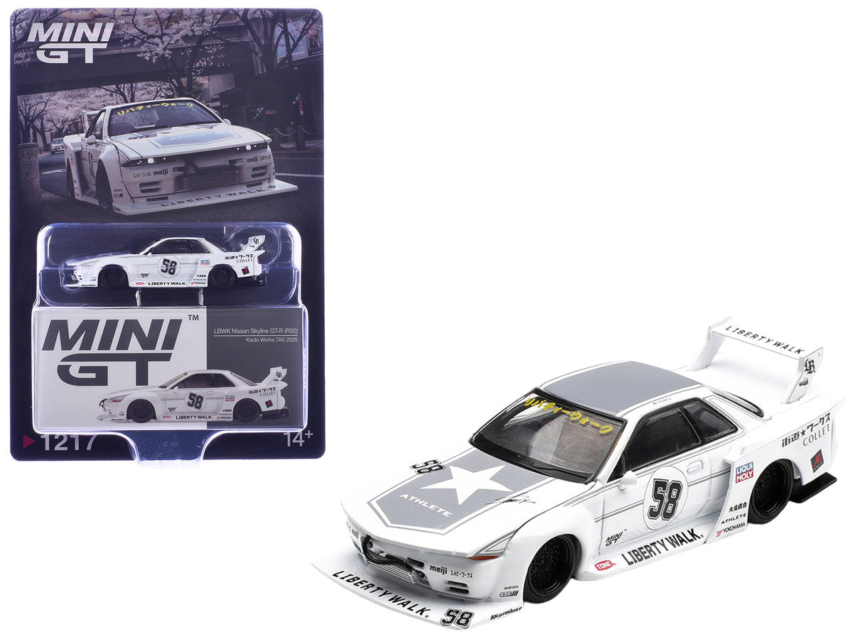 Nissan Skyline GT-R (R32) RHD (Right Hand Drive) #58 "Kaido Works" White with Gray Graphics "Tokyo Auto Salon 2025" Limited Edition 1/64 Diecast Model Car by Mini GT-0