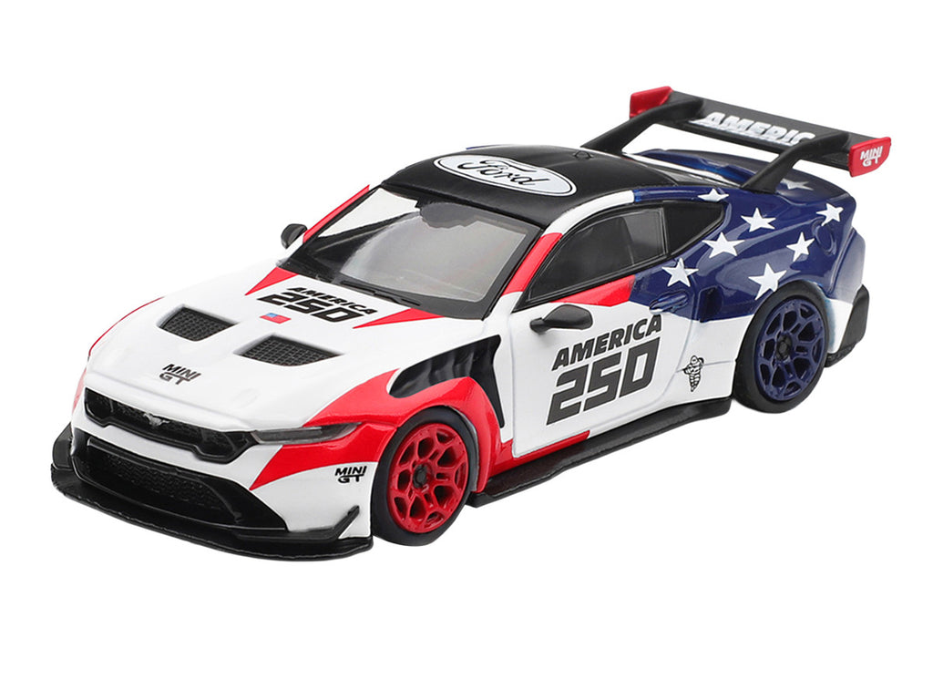 Ford Mustang GTD "America 250 - USA Exclusive" White with American Flag Graphics Limited Edition 1/64 Die Cast Model Car by Mini GT-1