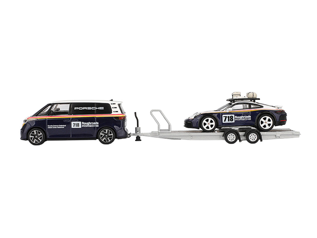 Porsche 911 Dakar #718 Blue and White with Roof Rack and Volkswagen ID. Buzz Blue and White with Flatbed Trailer "Porsche Centrum Gelderland Roughroads" Set of 3 pieces Limited Edition 1/64 Diecast Model Car by Mini GT-0