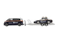Porsche 911 Dakar #718 Blue and White with Roof Rack and Volkswagen ID. Buzz Blue and White with Flatbed Trailer "Porsche Centrum Gelderland Roughroads" Set of 3 pieces Limited Edition 1/64 Diecast Model Car by Mini GT-0