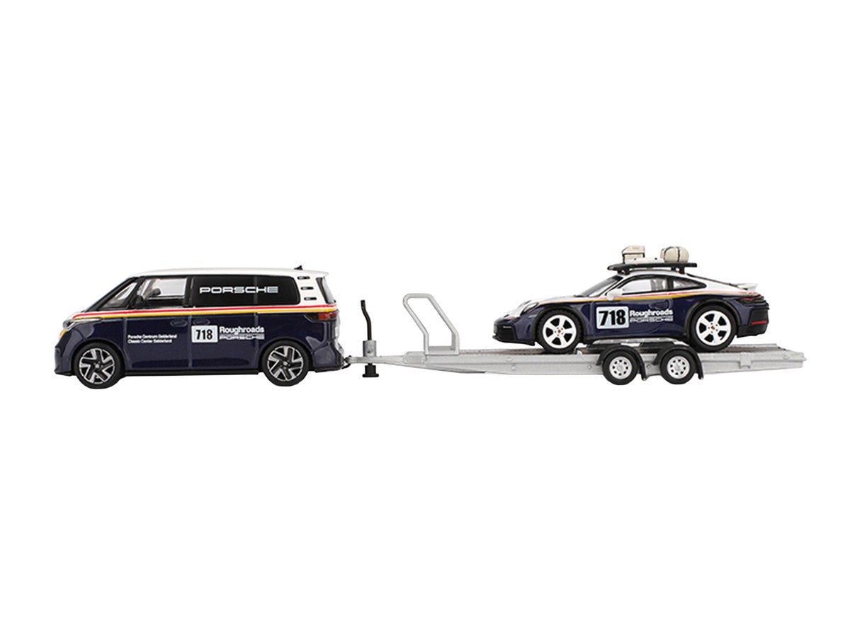 Porsche 911 Dakar #718 Blue and White with Roof Rack and Volkswagen ID. Buzz Blue and White with Flatbed Trailer "Porsche Centrum Gelderland Roughroads" Set of 3 pieces Limited Edition 1/64 Diecast Model Car by Mini GT-0
