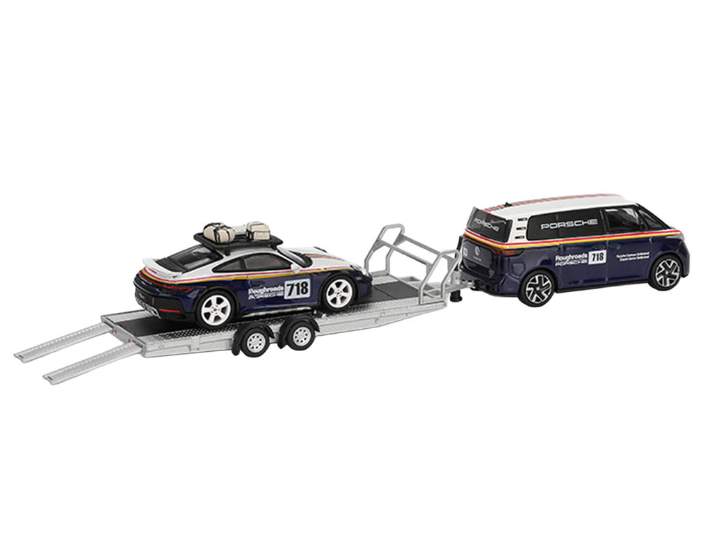 Porsche 911 Dakar #718 Blue and White with Roof Rack and Volkswagen ID. Buzz Blue and White with Flatbed Trailer "Porsche Centrum Gelderland Roughroads" Set of 3 pieces Limited Edition 1/64 Diecast Model Car by Mini GT-1
