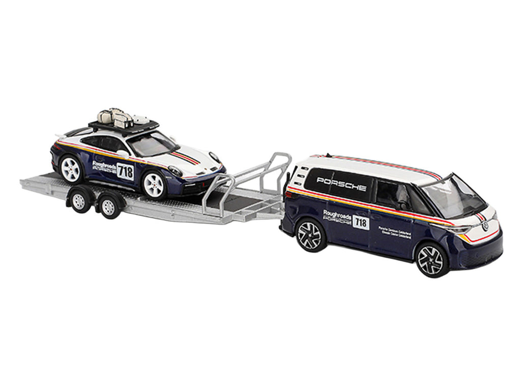 Porsche 911 Dakar #718 Blue and White with Roof Rack and Volkswagen ID. Buzz Blue and White with Flatbed Trailer "Porsche Centrum Gelderland Roughroads" Set of 3 pieces Limited Edition 1/64 Diecast Model Car by Mini GT-2
