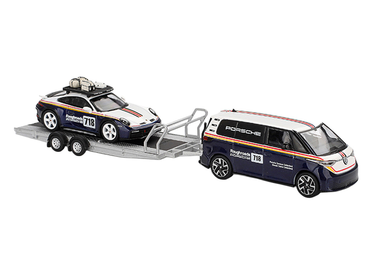 Porsche 911 Dakar #718 Blue and White with Roof Rack and Volkswagen ID. Buzz Blue and White with Flatbed Trailer "Porsche Centrum Gelderland Roughroads" Set of 3 pieces Limited Edition 1/64 Diecast Model Car by Mini GT-2