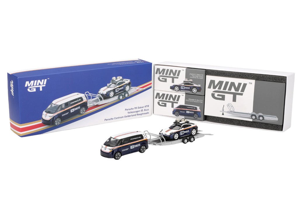 Porsche 911 Dakar #718 Blue and White with Roof Rack and Volkswagen ID. Buzz Blue and White with Flatbed Trailer "Porsche Centrum Gelderland Roughroads" Set of 3 pieces Limited Edition 1/64 Diecast Model Car by Mini GT-3