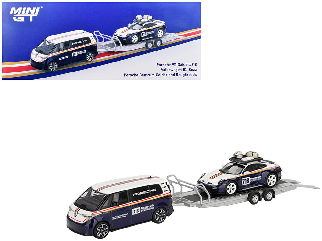 Porsche 911 Dakar #718 Blue and White with Roof Rack and Volkswagen ID. Buzz Blue and White with Flatbed Trailer "Porsche Centrum Gelderland Roughroads" Set of 3 pieces Limited Edition 1/64 Diecast Model Car by Mini GT-4