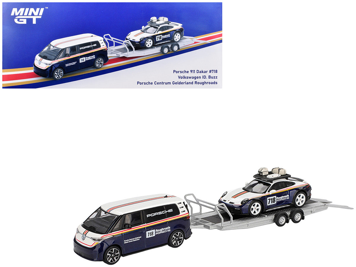 Porsche 911 Dakar #718 Blue and White with Roof Rack and Volkswagen ID. Buzz Blue and White with Flatbed Trailer "Porsche Centrum Gelderland Roughroads" Set of 3 pieces Limited Edition 1/64 Diecast Model Car by Mini GT-4