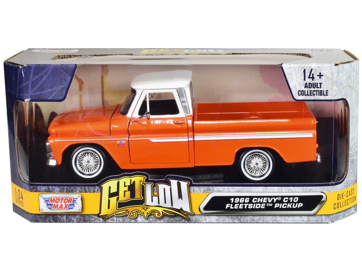 1966 Chevrolet C10 Fleetside Pickup Truck Lowrider Orange Metallic with White Top "Get Low" Series 1/24 Diecast Model Car by Motormax-0