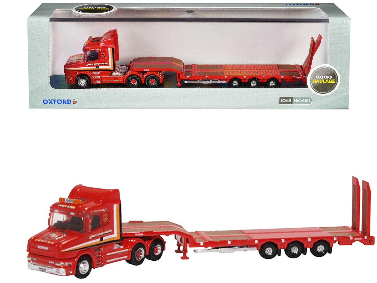 Scania T-Cab Truck RHD (Right Hand Drive) with Lowboy Trailer "Sandy Kydd" Red with Stripes 1/148 (N) Scale Diecast Model Car by Oxford Diecast-3