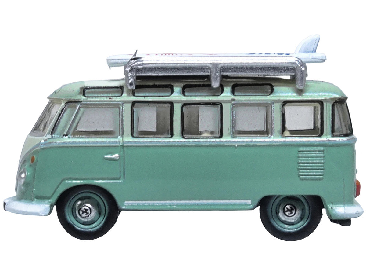 Volkswagen T1 Samba Bus RHD (Right Hand Drive) Green Two-Tone with Surfboards on Roof Rack 1/148 (N) Scale Diecast Model Car by Oxford Diecast-1