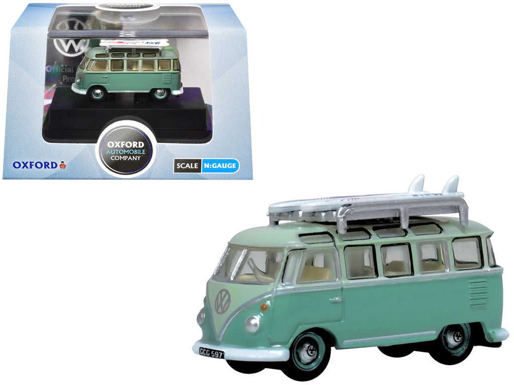 Volkswagen T1 Samba Bus RHD (Right Hand Drive) Green Two-Tone with Surfboards on Roof Rack 1/148 (N) Scale Diecast Model Car by Oxford Diecast-3