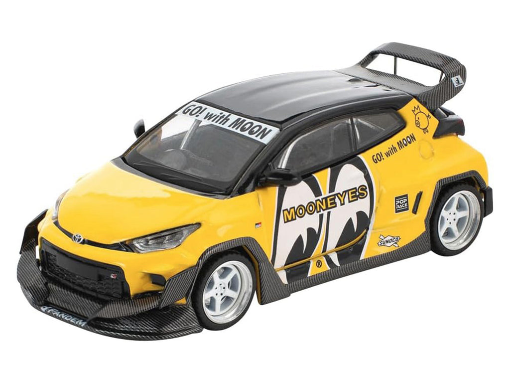 Pandem GR Yaris RHD (Right Hand Drive) "MoonEyes" Yellow with Black Top and Graphics "Enigma Exclusive Edition 1/64 Die Cast Model Car by Pop Race-1