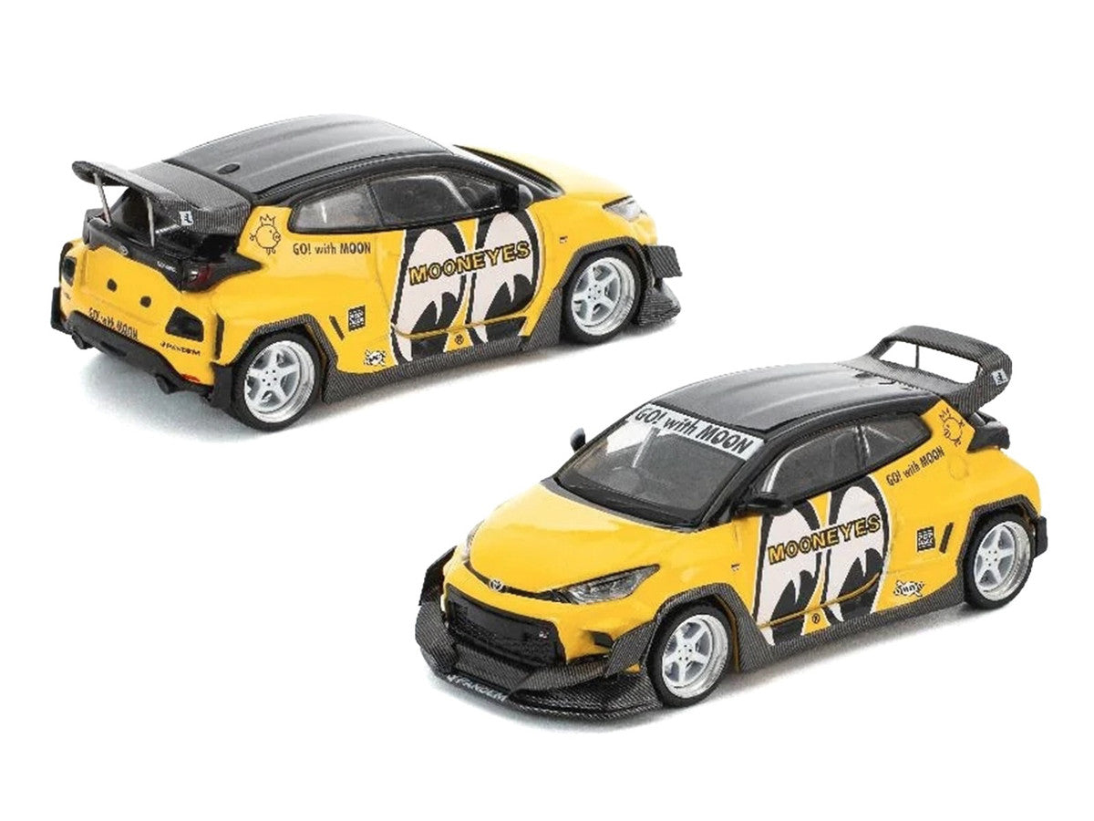 Pandem GR Yaris RHD (Right Hand Drive) "MoonEyes" Yellow with Black Top and Graphics "Enigma Exclusive Edition 1/64 Die Cast Model Car by Pop Race-3