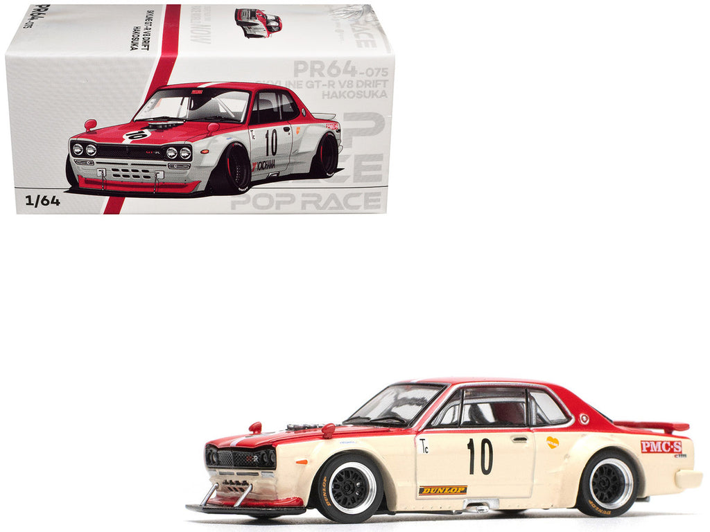 Skyline GT-R V8 Drift "Hakosuka" RHD (Right Hand Drive) #10 "Watanabe" Red and Cream 1/64 Diecast Model Car by Pop Race-4