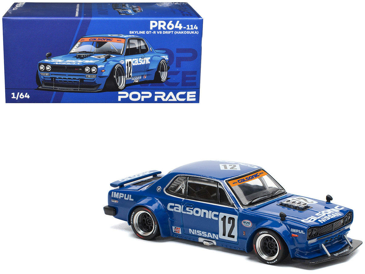 Skyline GT-R V8 Drift "Hakosuka" RHD (Right Hand Drive) #12 "Calsonic" Blue with Graphics 1/64 Diecast Model Car by Pop Race-4
