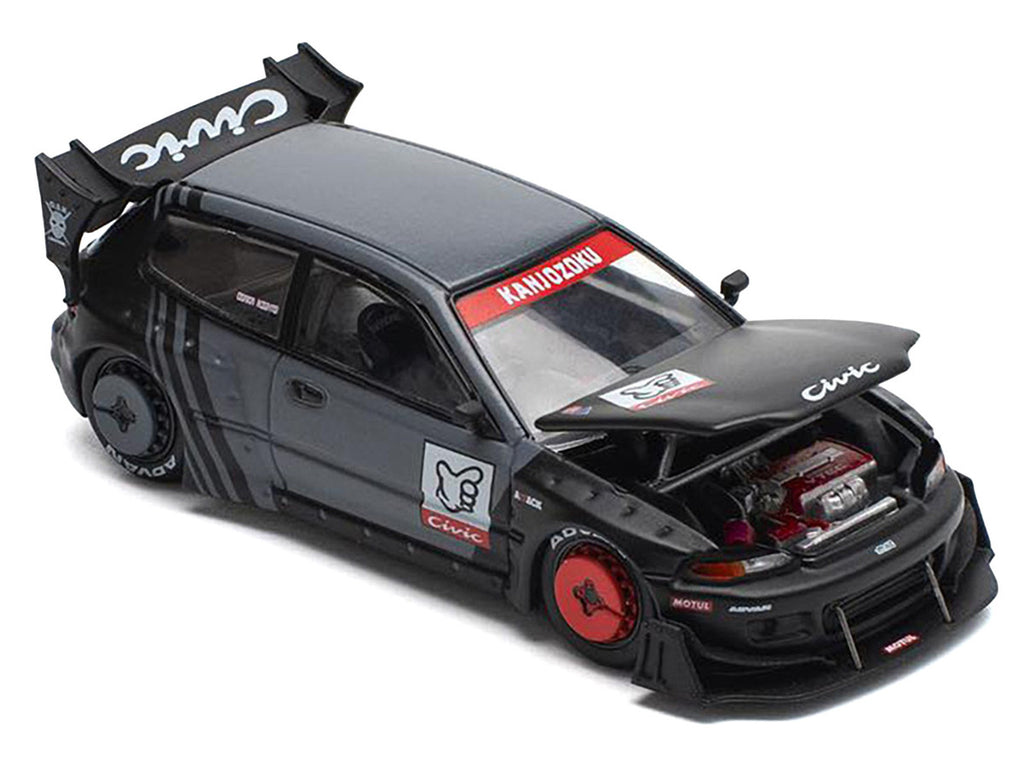 Pandem Civic EG6 RHD (Right Hand Drive) "Kanjozoku" Matt Black and Gray with Graphics 1/64 Diecast Model Car by Pop Race-0
