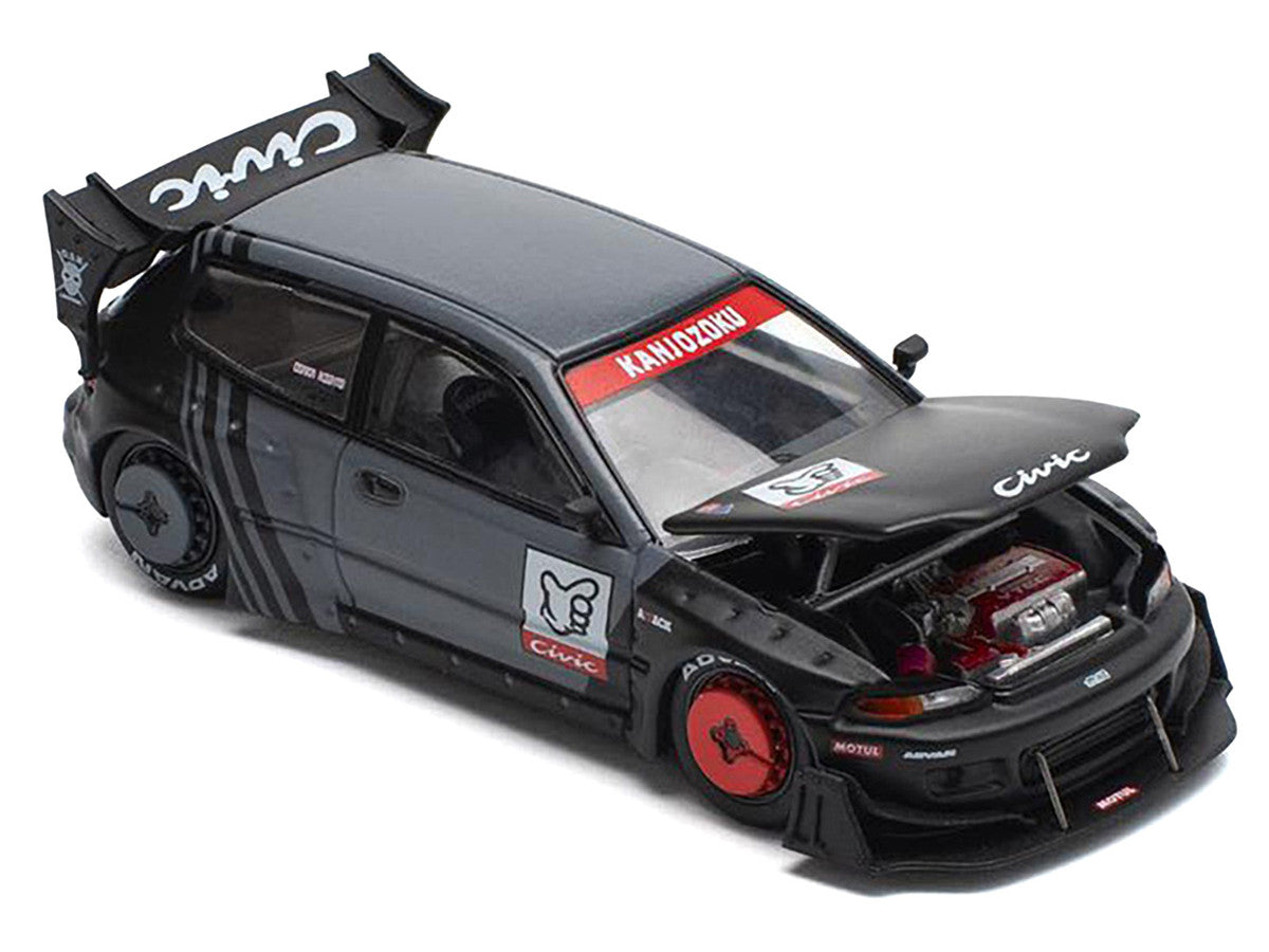 Pandem Civic EG6 RHD (Right Hand Drive) "Kanjozoku" Matt Black and Gray with Graphics 1/64 Diecast Model Car by Pop Race-0