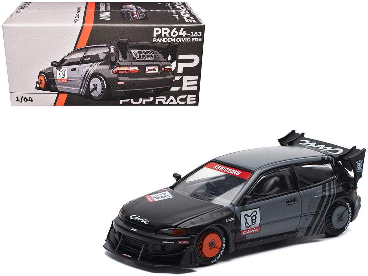Pandem Civic EG6 RHD (Right Hand Drive) "Kanjozoku" Matt Black and Gray with Graphics 1/64 Diecast Model Car by Pop Race-2