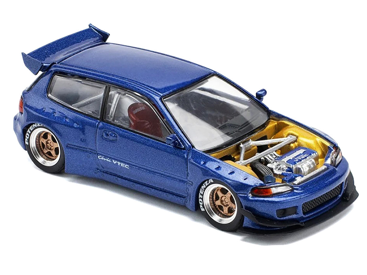 Pandem Civic EG6 VTEC RHD (Right Hand Drive) Blue Metallic with No Hood 1/64 Diecast Model Car by Pop Race-2