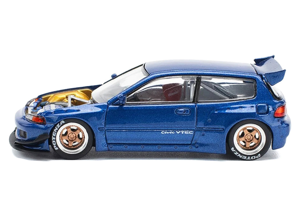 Pandem Civic EG6 VTEC RHD (Right Hand Drive) Blue Metallic with No Hood 1/64 Diecast Model Car by Pop Race-1