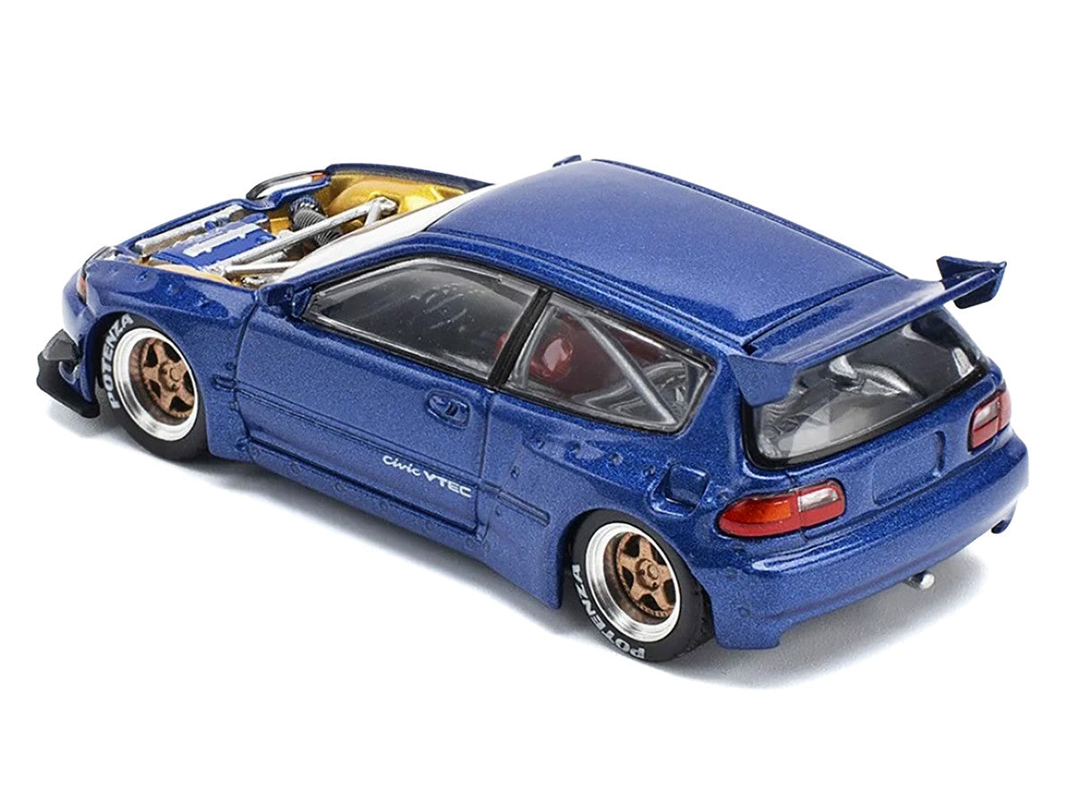 Pandem Civic EG6 VTEC RHD (Right Hand Drive) Blue Metallic with No Hood 1/64 Diecast Model Car by Pop Race-3