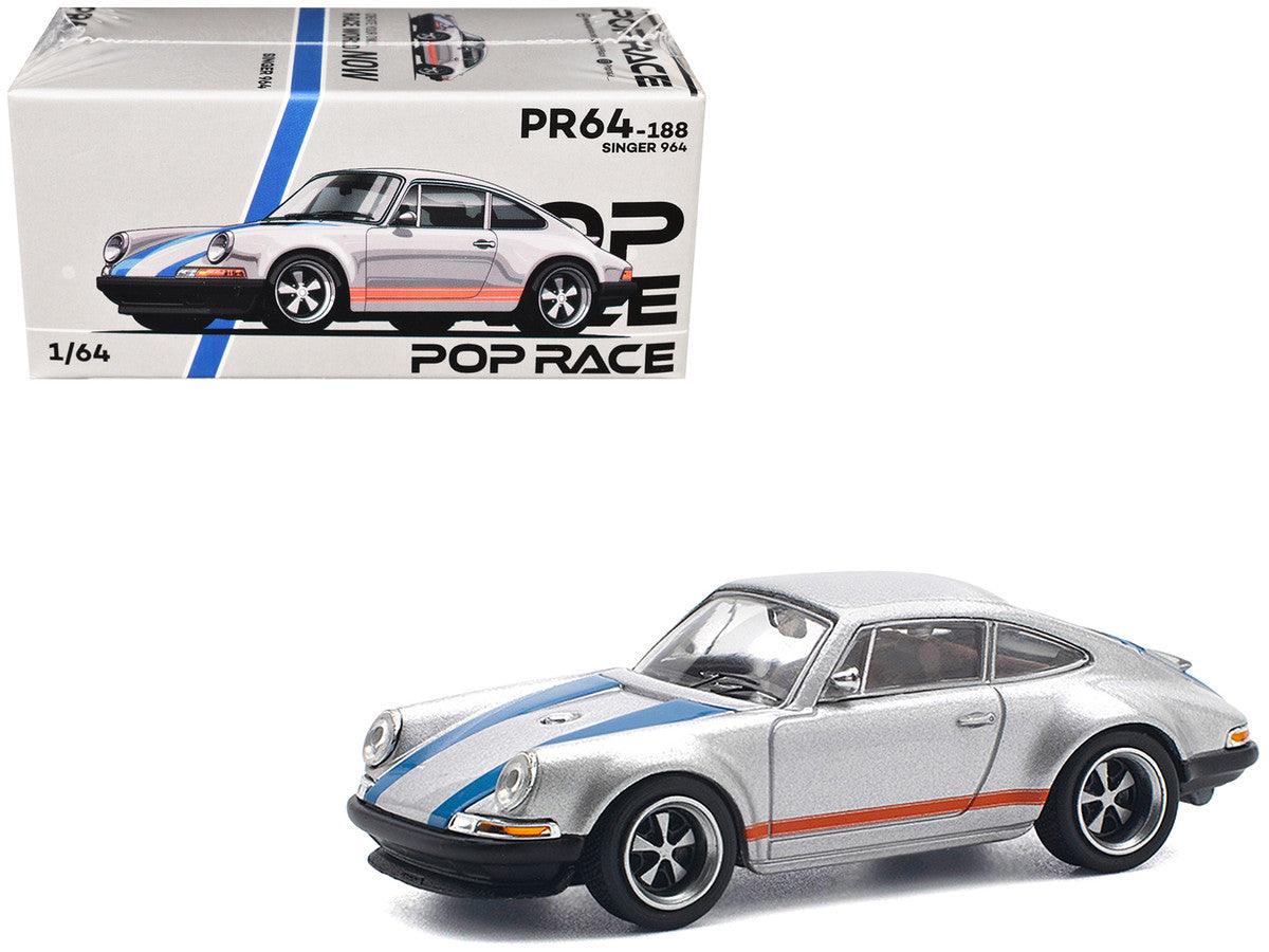 Singer 964 Silver Metallic with Blue and Red Stripes 1/64 Diecast Model Car by Pop Race-3