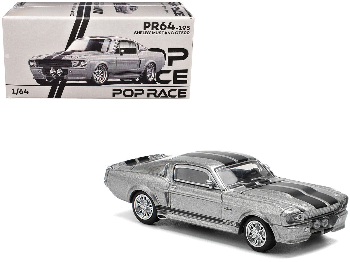 Shelby Mustang GT500 Gray Metallic with Black Stripes 1/64 Diecast Model Car by Pop Race-4