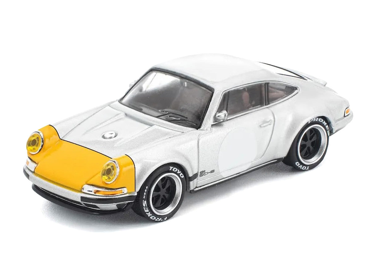 Singer 964 Silver Metallic with Yellow Front 1/64 Diecast Model Car by Pop Race-1