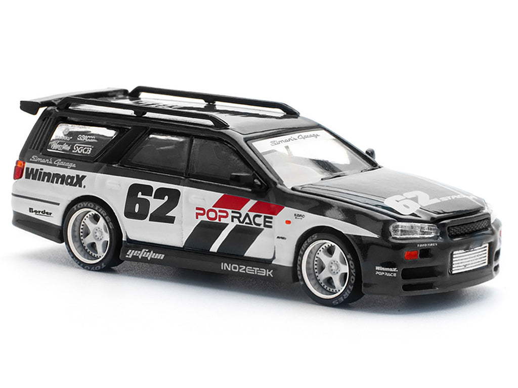 GT-R Stagea RHD (Right Hand Drive) #62 "Simon's Garage" Black with White Sides 1/64 Diecast Model Car by Pop Race-2