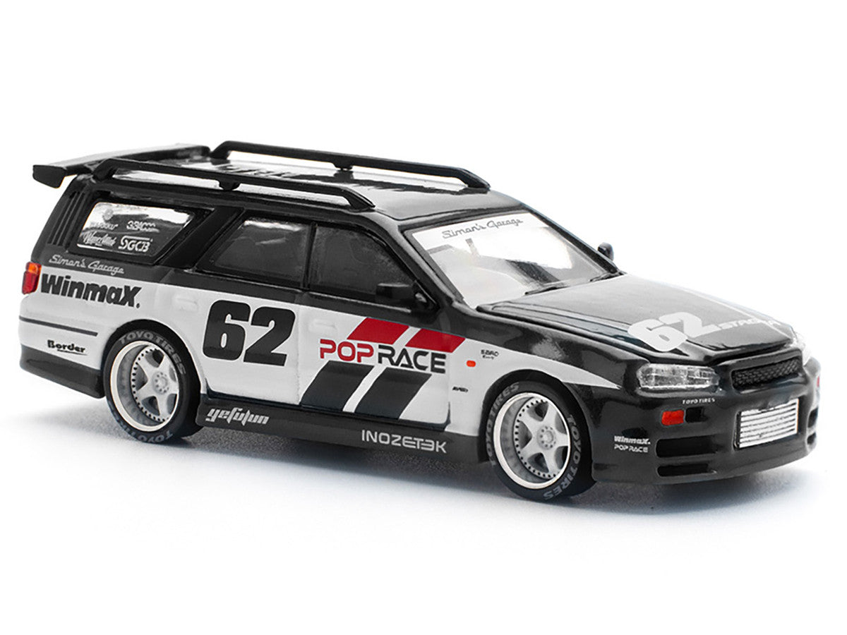 GT-R Stagea RHD (Right Hand Drive) #62 "Simon's Garage" Black with White Sides 1/64 Diecast Model Car by Pop Race-2