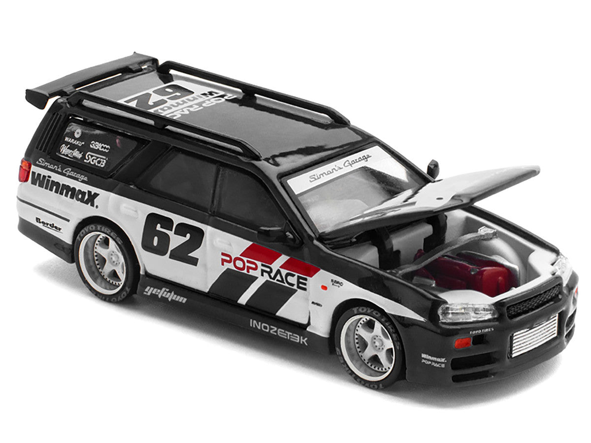 GT-R Stagea RHD (Right Hand Drive) #62 "Simon's Garage" Black with White Sides 1/64 Diecast Model Car by Pop Race-1