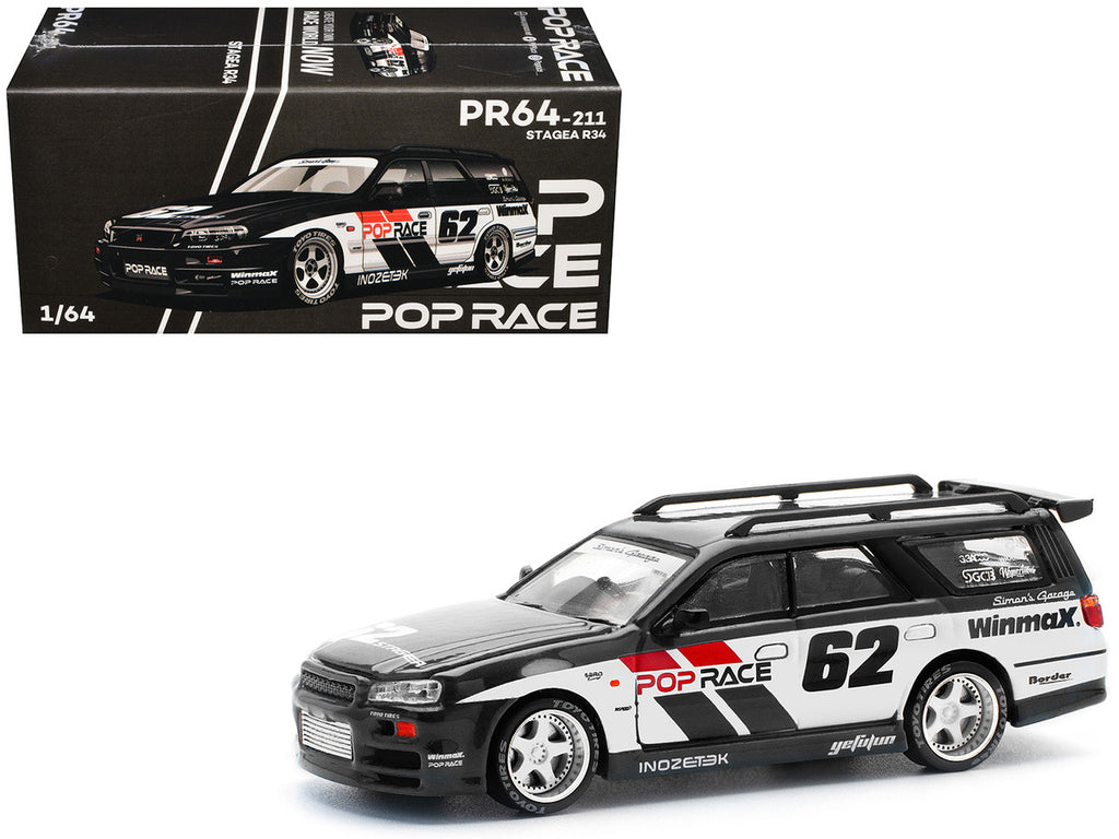 GT-R Stagea RHD (Right Hand Drive) #62 "Simon's Garage" Black with White Sides 1/64 Diecast Model Car by Pop Race-4
