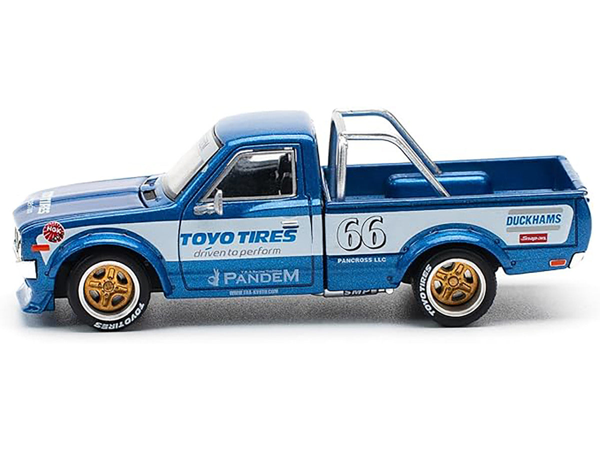 Datsun Pandem 620 Pickup Truck #66 Blue Metallic with White Stripes and Graphics 1/64 Diecast Model Car by Pop Race-2