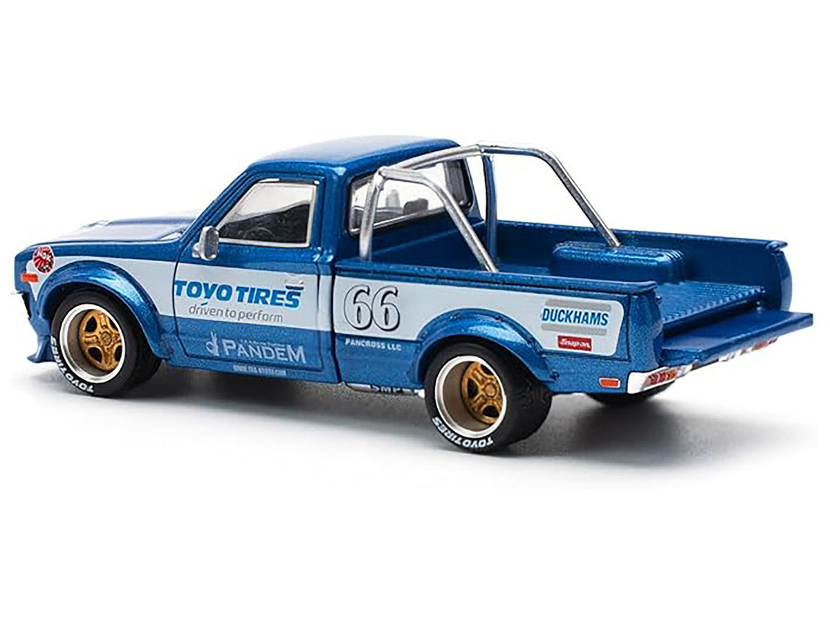 Datsun Pandem 620 Pickup Truck #66 Blue Metallic with White Stripes and Graphics 1/64 Diecast Model Car by Pop Race-0
