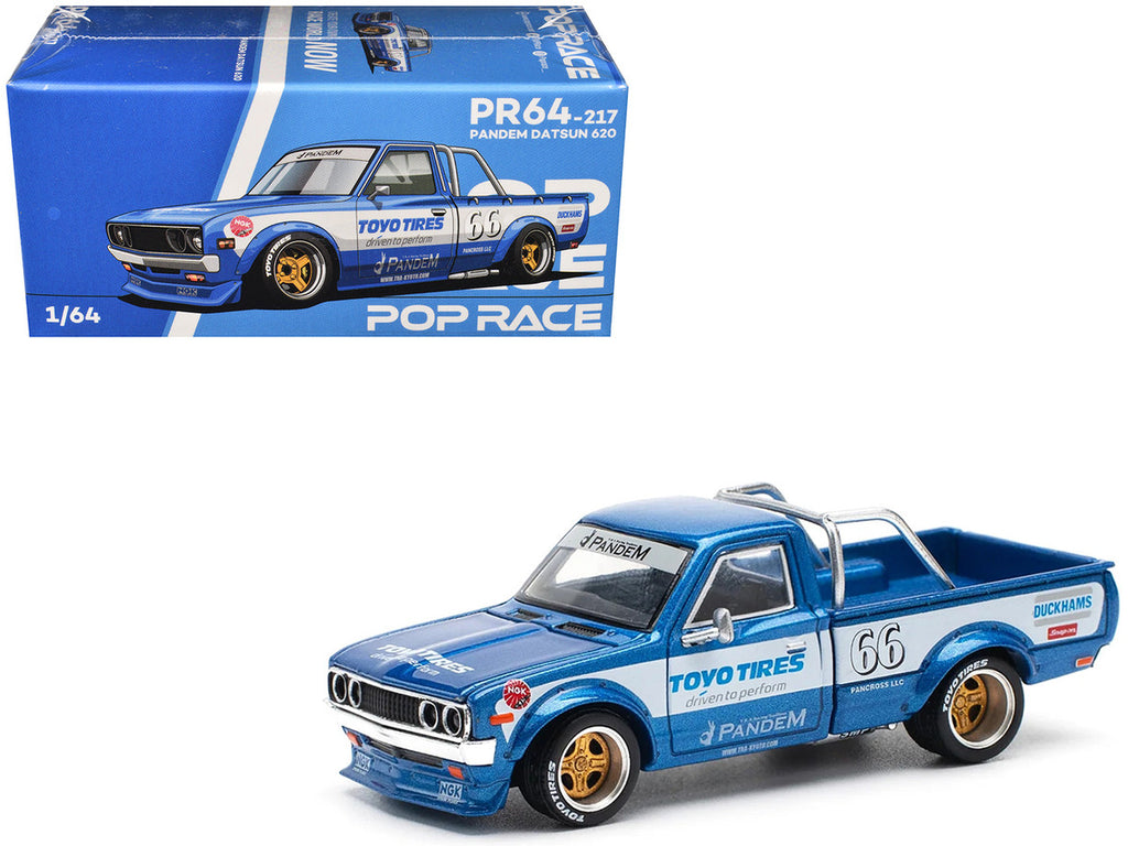 Datsun Pandem 620 Pickup Truck #66 Blue Metallic with White Stripes and Graphics 1/64 Diecast Model Car by Pop Race-3