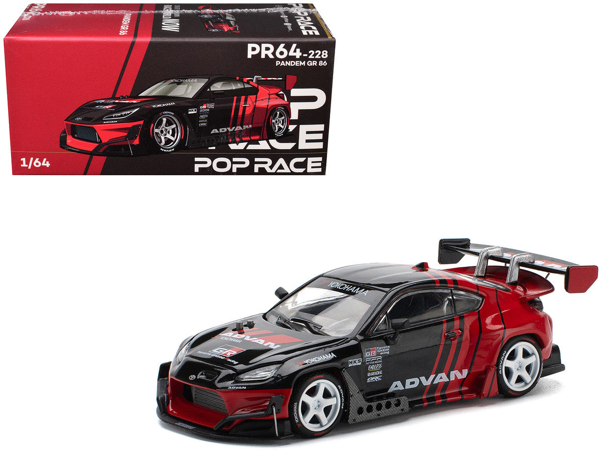 Toyota Pandem GR86 "Advan" Black and Red with Graphics 1/64 Diecast Model Car by Pop Race-4