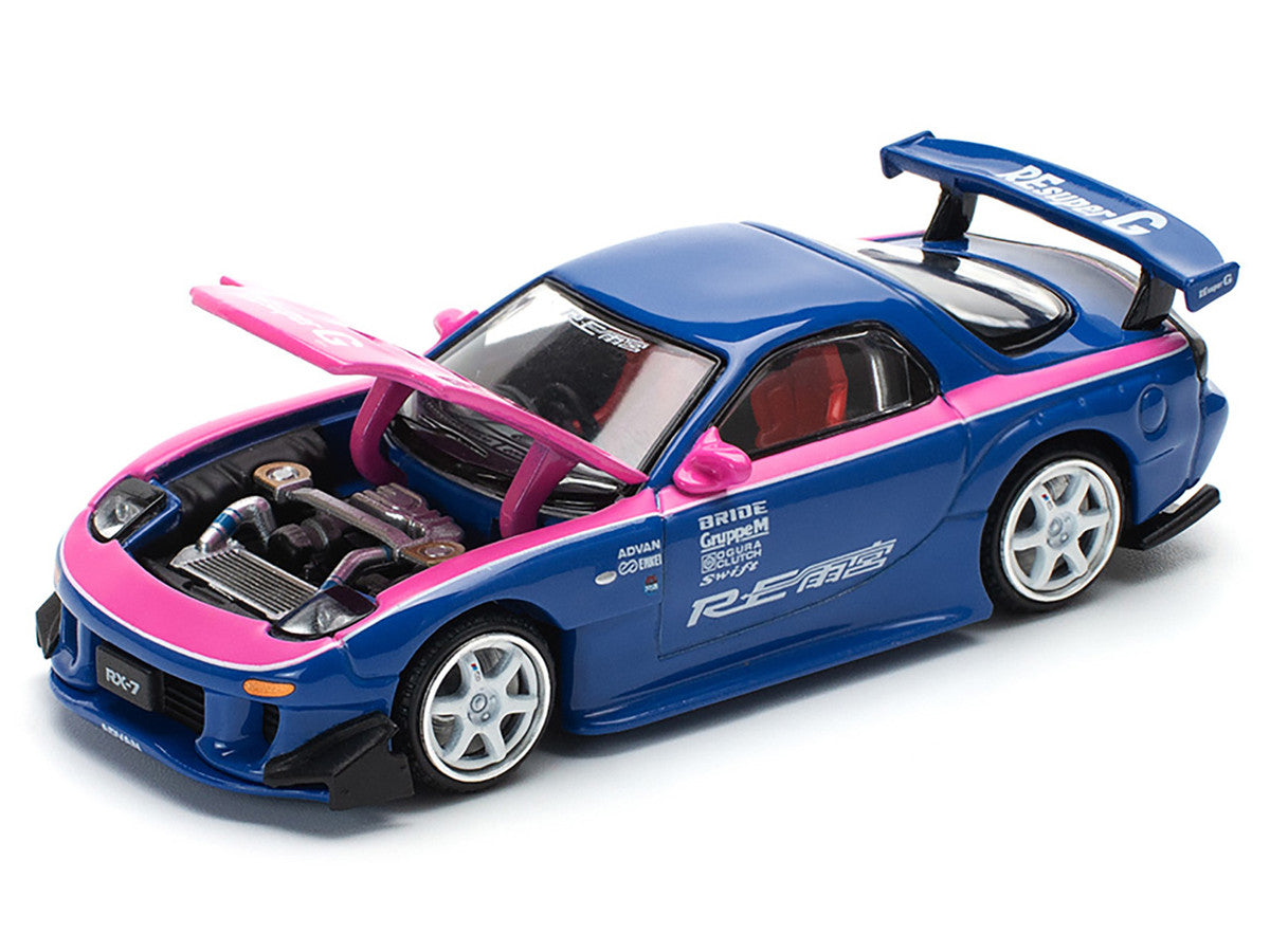 Mazda RX-7 RE-Amemiya Widebody RHD (Right Hand Drive) Blue with Pink Hood and Stripes 1/64 Diecast Model Car by Pop Race-3