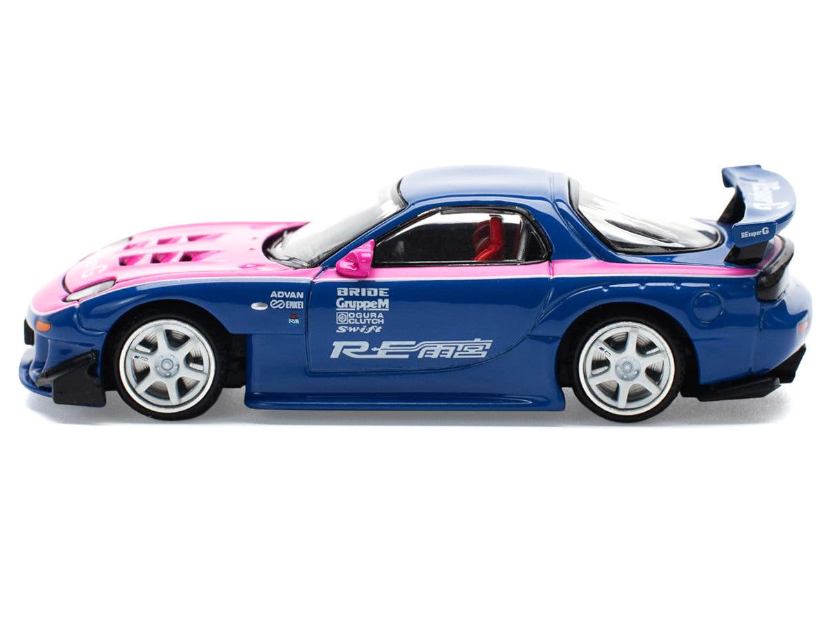 Mazda RX-7 RE-Amemiya Widebody RHD (Right Hand Drive) Blue with Pink Hood and Stripes 1/64 Diecast Model Car by Pop Race-0