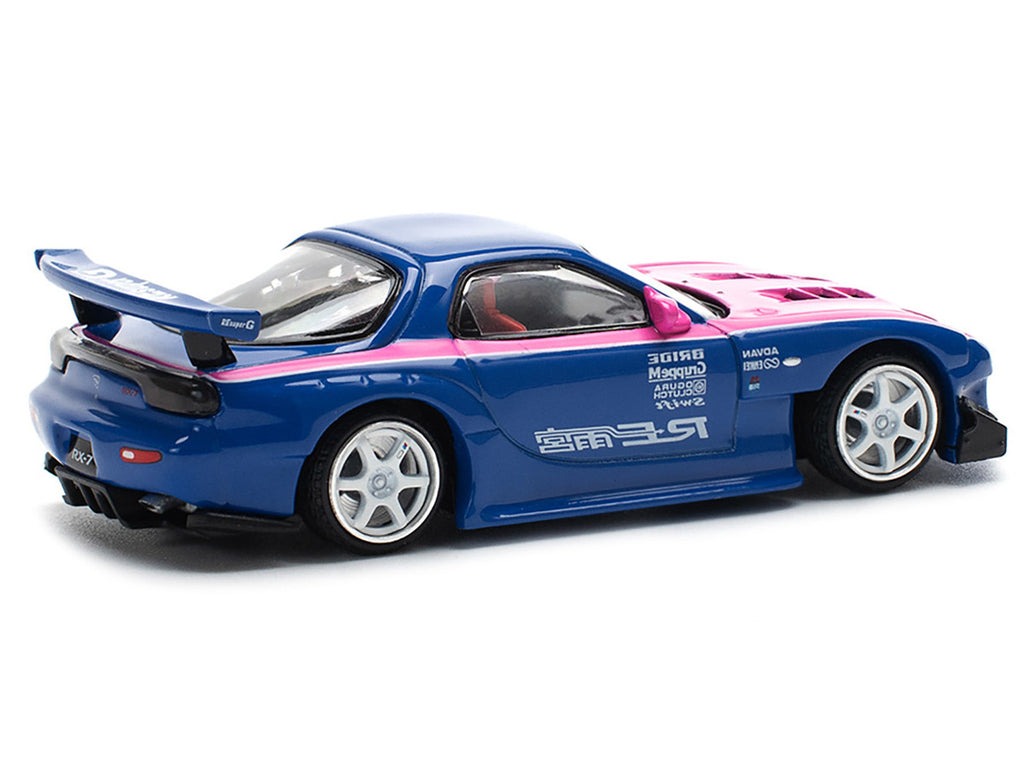 Mazda RX-7 RE-Amemiya Widebody RHD (Right Hand Drive) Blue with Pink Hood and Stripes 1/64 Diecast Model Car by Pop Race-1