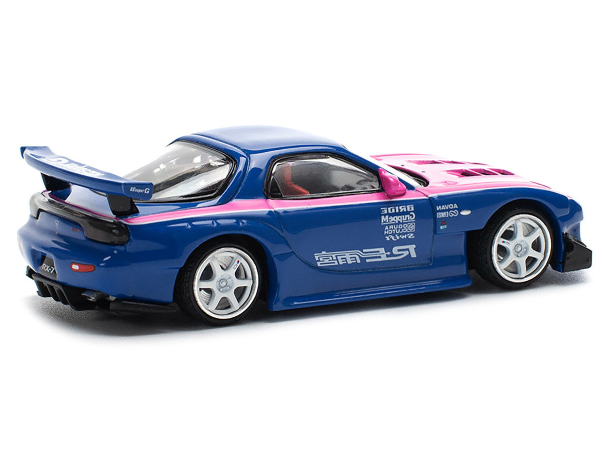 Mazda RX-7 RE-Amemiya Widebody RHD (Right Hand Drive) Blue with Pink Hood and Stripes 1/64 Diecast Model Car by Pop Race-1