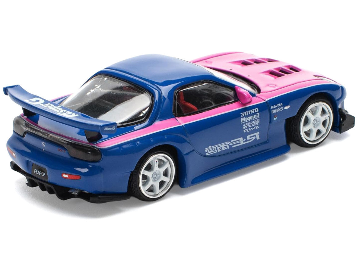 Mazda RX-7 RE-Amemiya Widebody RHD (Right Hand Drive) Blue with Pink Hood and Stripes 1/64 Diecast Model Car by Pop Race-2