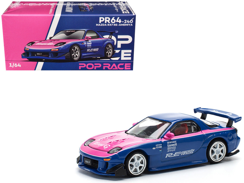 Mazda RX-7 RE-Amemiya Widebody RHD (Right Hand Drive) Blue with Pink Hood and Stripes 1/64 Diecast Model Car by Pop Race-4