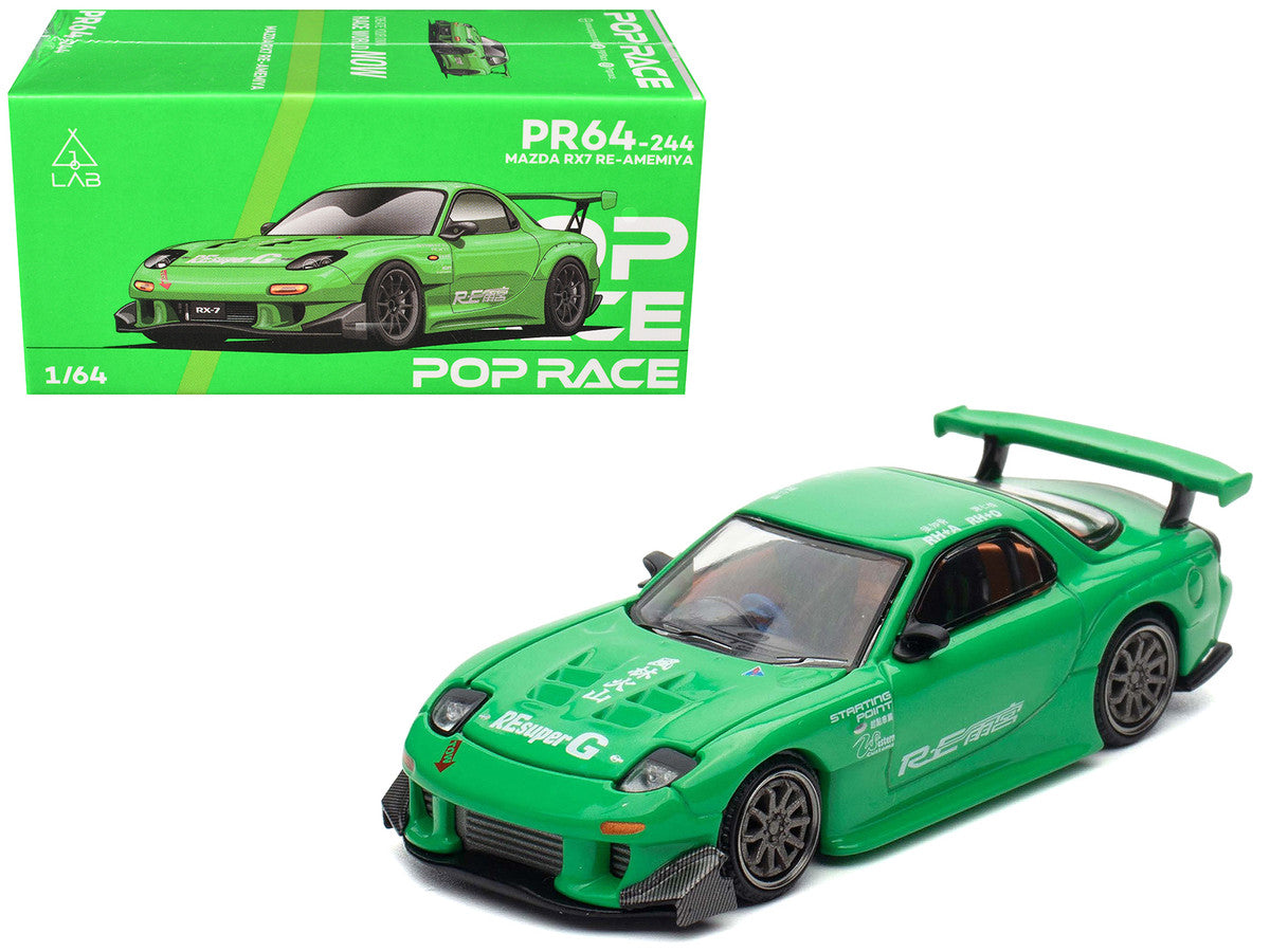 Mazda RX7 "RE Amemiya" Widebody RHD (Right Hand Drive) Green 1/64 Diecast Model Car by Pop Race-4