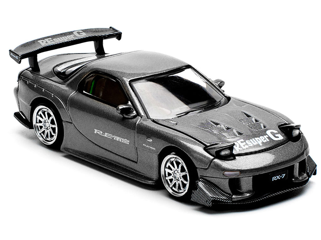 Mazda RX7 (FD) "RE Amemiya" Widebody RHD (Right Hand Drive) Gunmetal Gray Metallic with Carbon Hood 1/64 Diecast Model Car by Pop Race-1