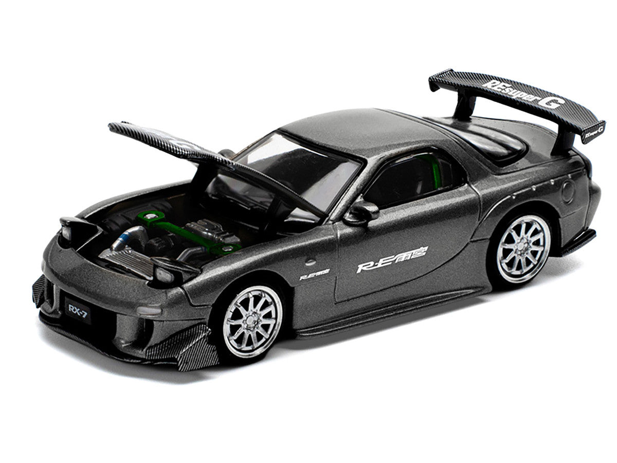 Mazda RX7 (FD) "RE Amemiya" Widebody RHD (Right Hand Drive) Gunmetal Gray Metallic with Carbon Hood 1/64 Diecast Model Car by Pop Race-0