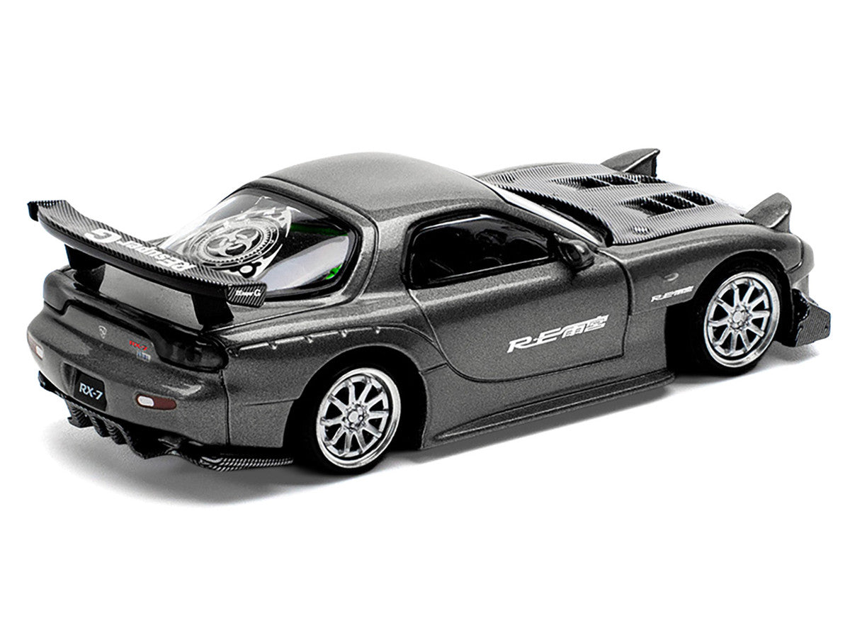 Mazda RX7 (FD) "RE Amemiya" Widebody RHD (Right Hand Drive) Gunmetal Gray Metallic with Carbon Hood 1/64 Diecast Model Car by Pop Race-3