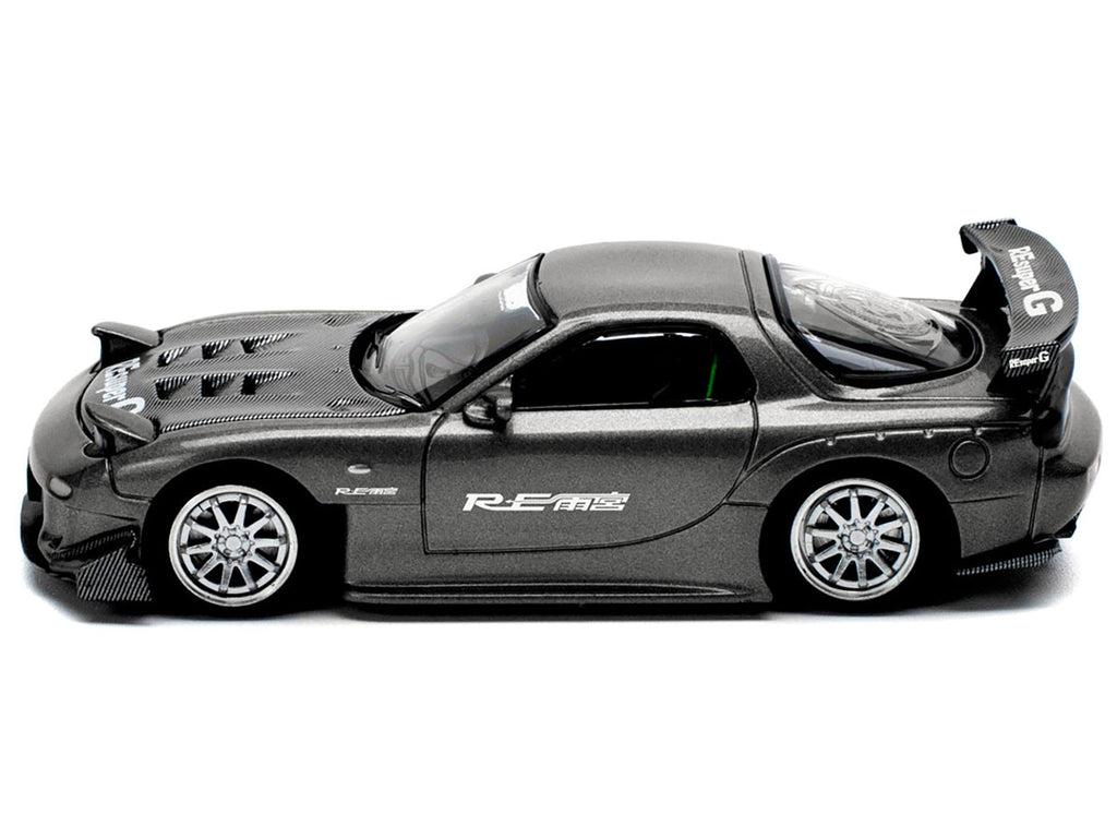 Mazda RX7 (FD) "RE Amemiya" Widebody RHD (Right Hand Drive) Gunmetal Gray Metallic with Carbon Hood 1/64 Diecast Model Car by Pop Race-2