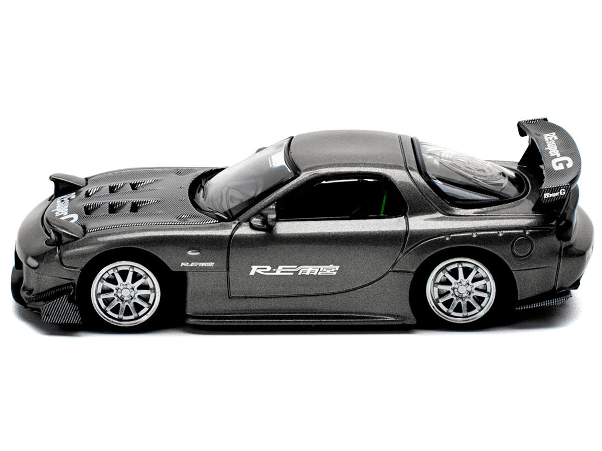 Mazda RX7 (FD) "RE Amemiya" Widebody RHD (Right Hand Drive) Gunmetal Gray Metallic with Carbon Hood 1/64 Diecast Model Car by Pop Race-2