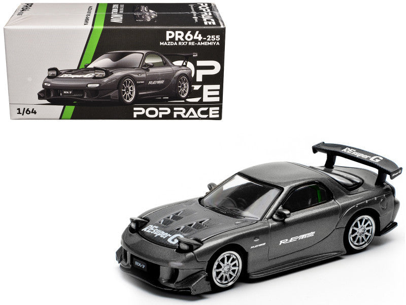 Mazda RX7 (FD) "RE Amemiya" Widebody RHD (Right Hand Drive) Gunmetal Gray Metallic with Carbon Hood 1/64 Diecast Model Car by Pop Race-4