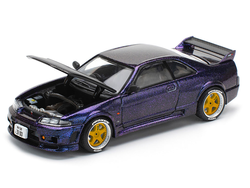 Skyline GT-R (R33) RHD (Right Hand Drive) Midnight Purple Metallic with Carbon Hood 1/64 Diecast Model Car by Pop Race-0